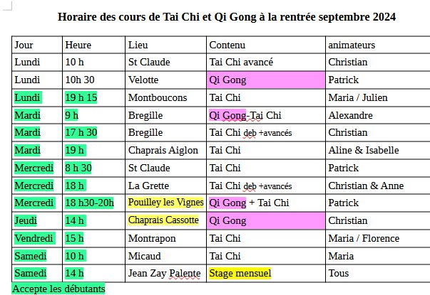 horaires des cours de Tai Chi et Qi Gong